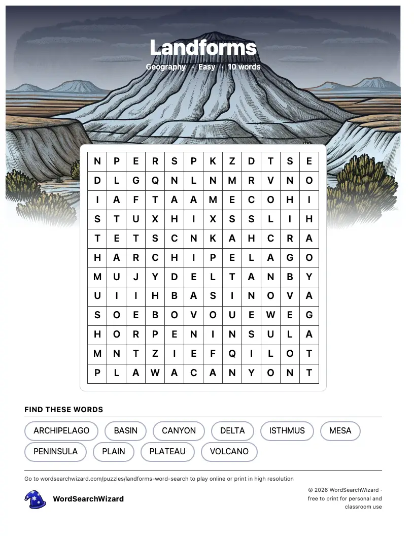 Landforms word search printable sheet, 10 words to find