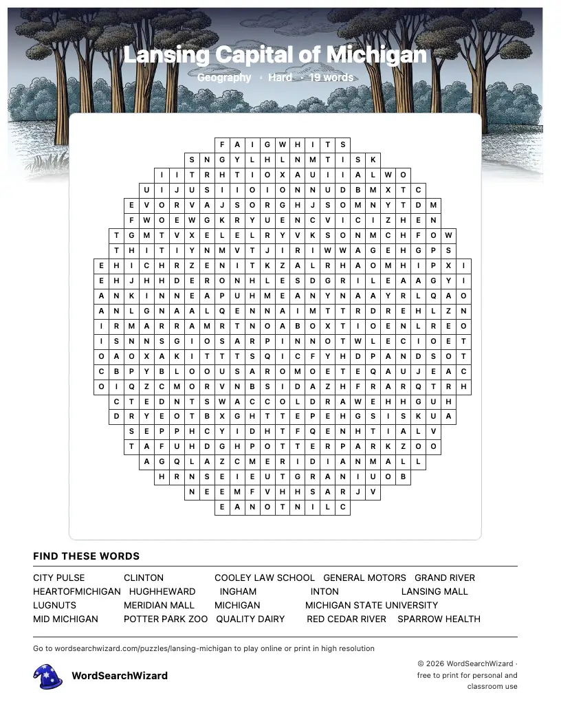 Lansing Capital of Michigan word search printable sheet, 19 words to find