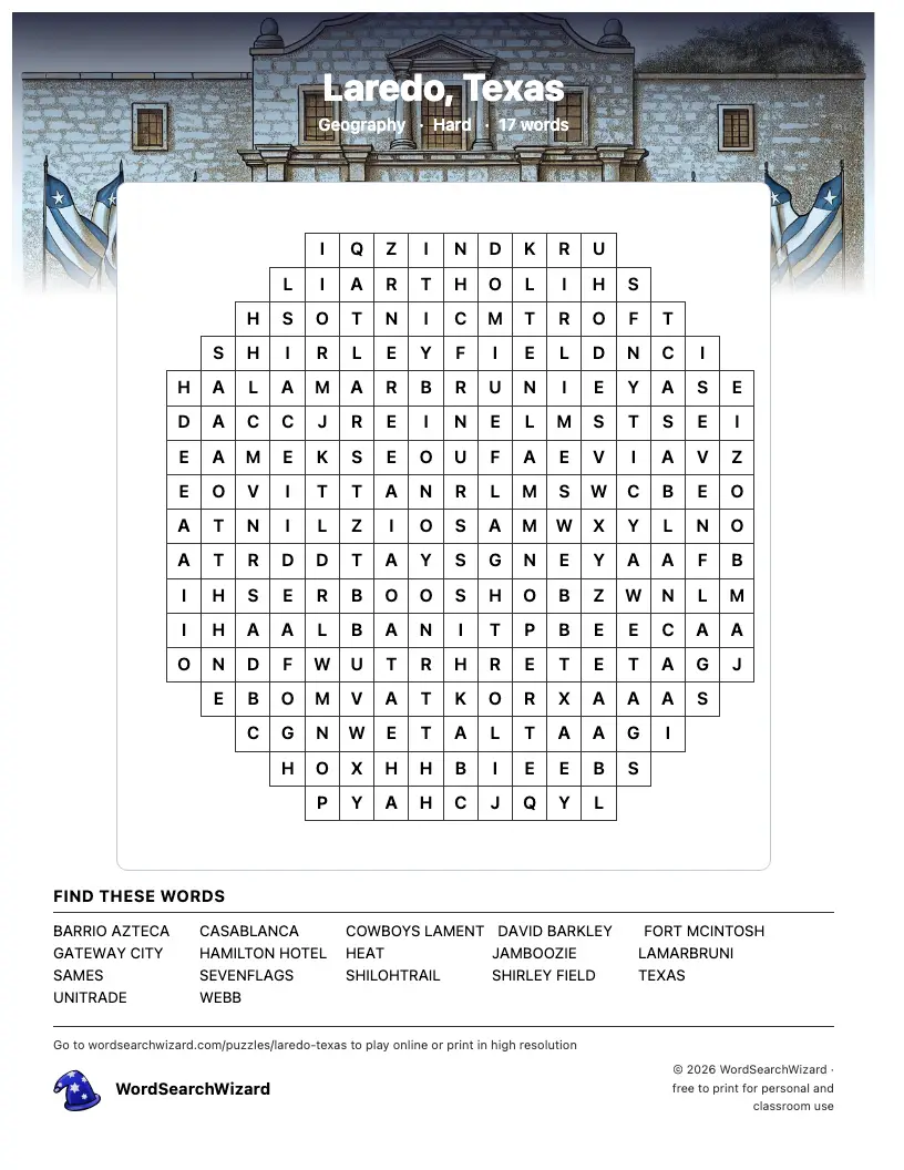 Laredo, Texas word search printable sheet, 17 words to find
