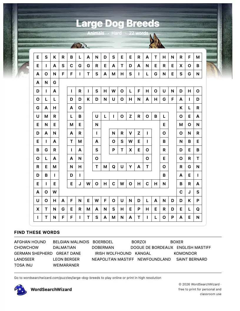 Large Dog Breeds word search printable sheet, 22 words to find