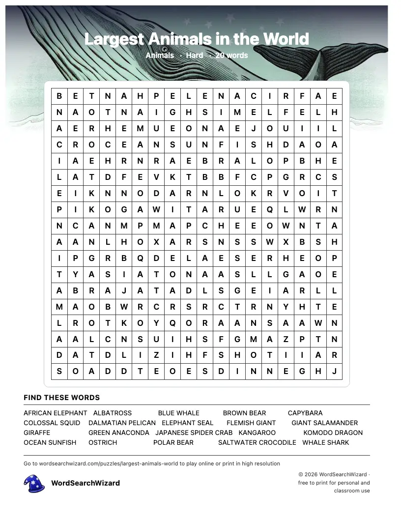 Largest Animals in the World word search printable sheet, 20 words to find