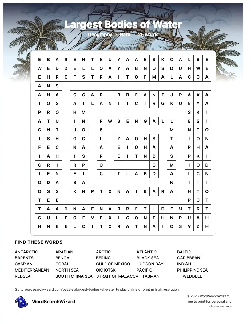 Largest Bodies of Water word search printable sheet, 25 words to find