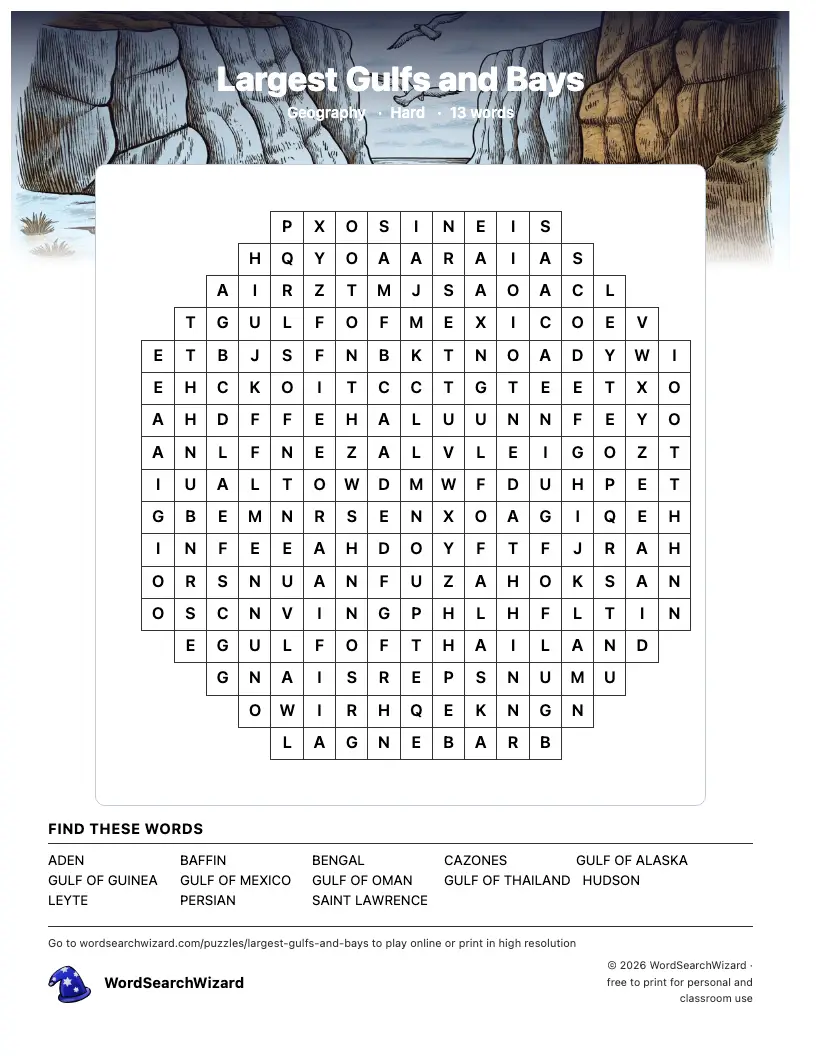 Largest Gulfs and Bays word search printable sheet, 13 words to find
