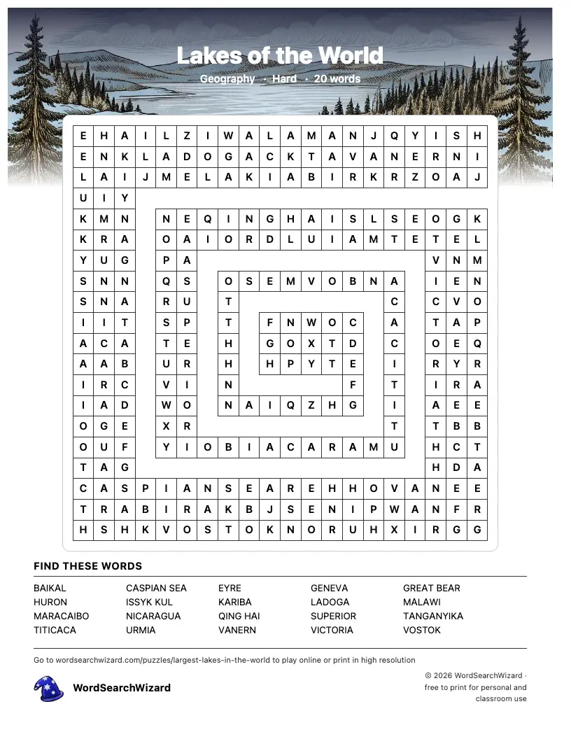 Lakes of the World word search printable sheet, 20 words to find