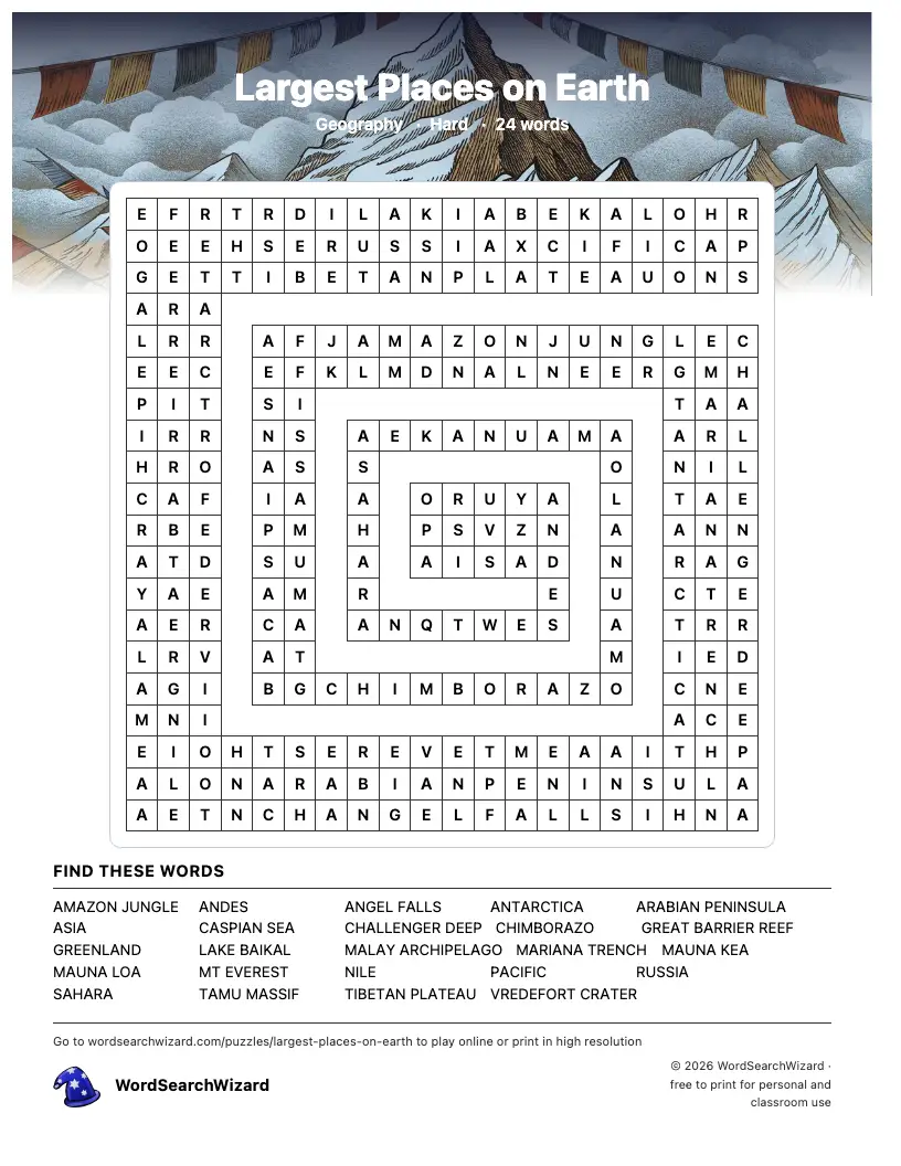 Largest Places on Earth word search printable sheet, 24 words to find