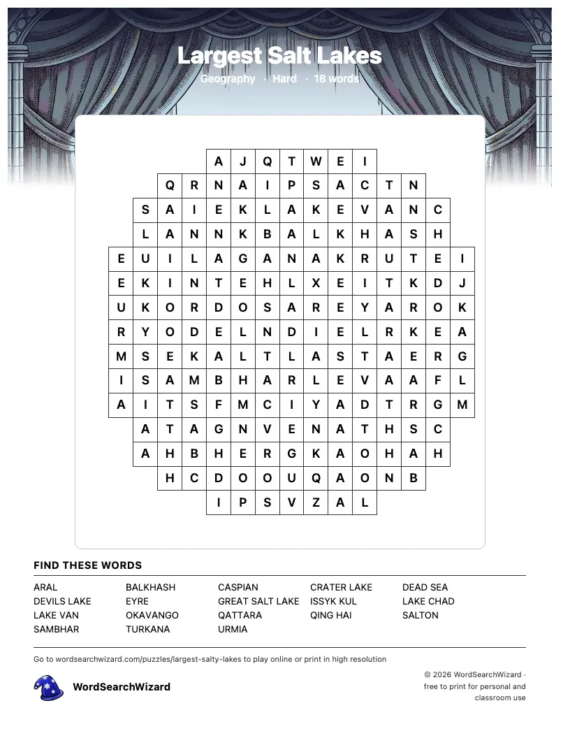 Largest Salt Lakes word search printable sheet, 18 words to find