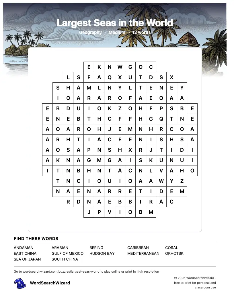 Largest Seas in the World word search printable sheet, 12 words to find