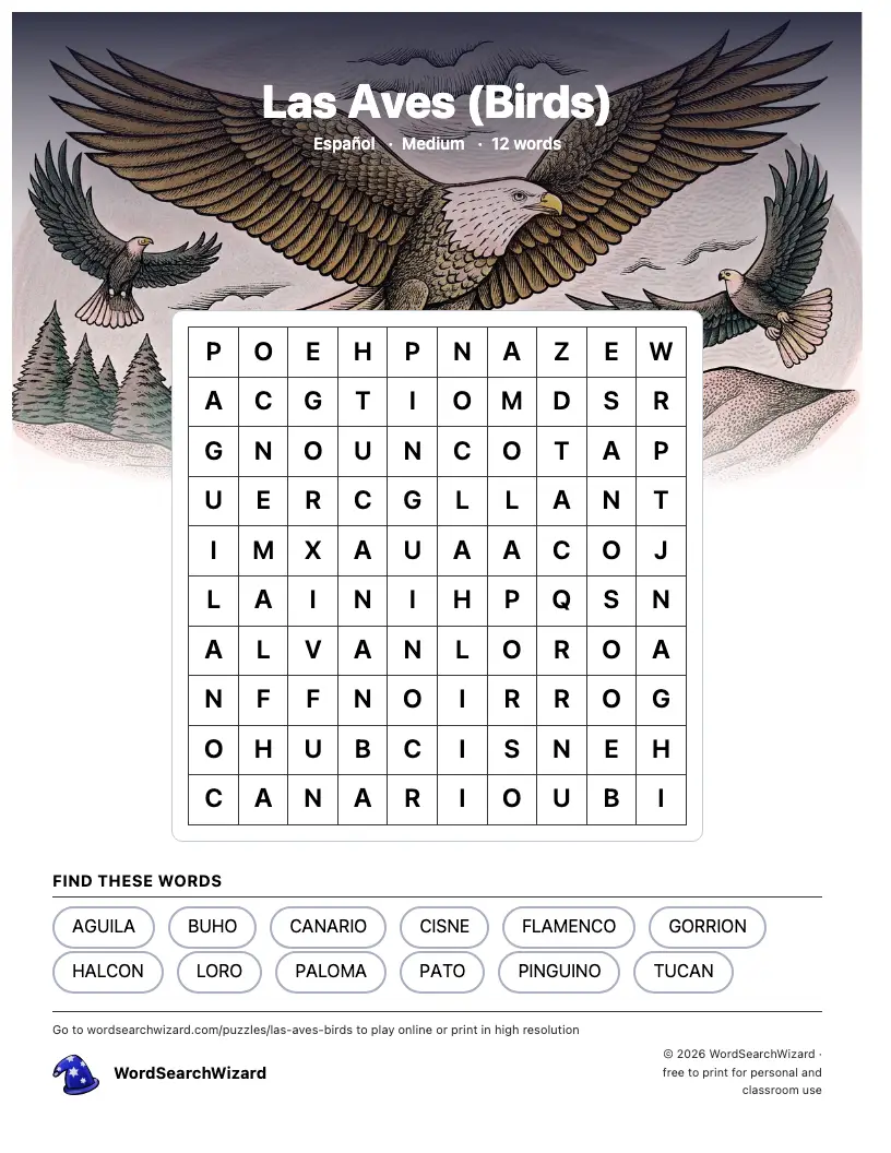 Las Aves (Birds) word search printable sheet, 12 words to find