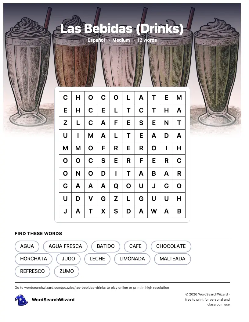 Las Bebidas (Drinks) word search printable sheet, 12 words to find