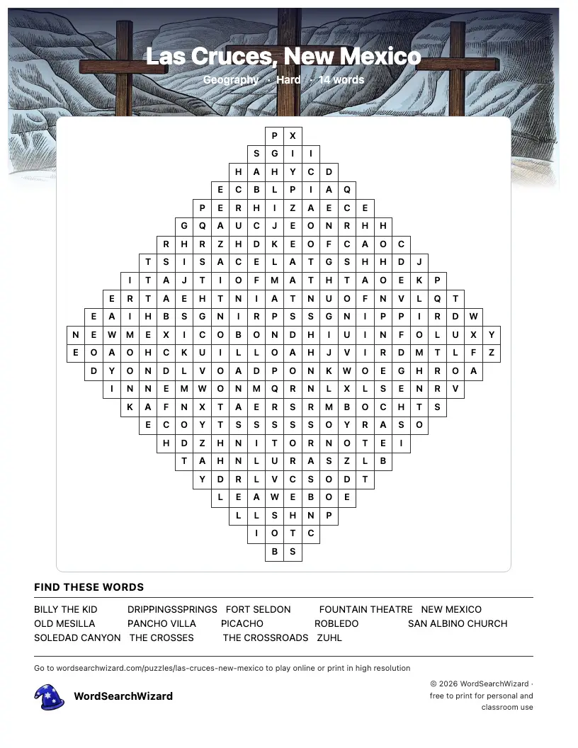 Las Cruces, New Mexico word search printable sheet, 14 words to find