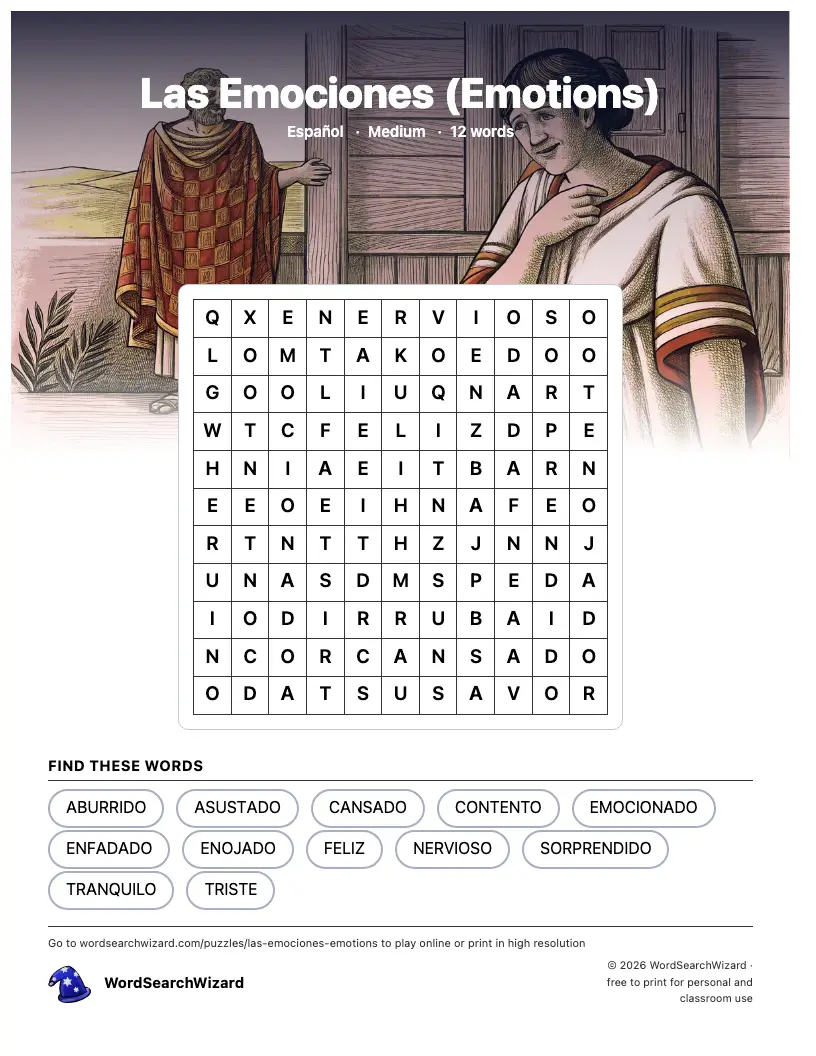 Las Emociones (Emotions) word search printable sheet, 12 words to find