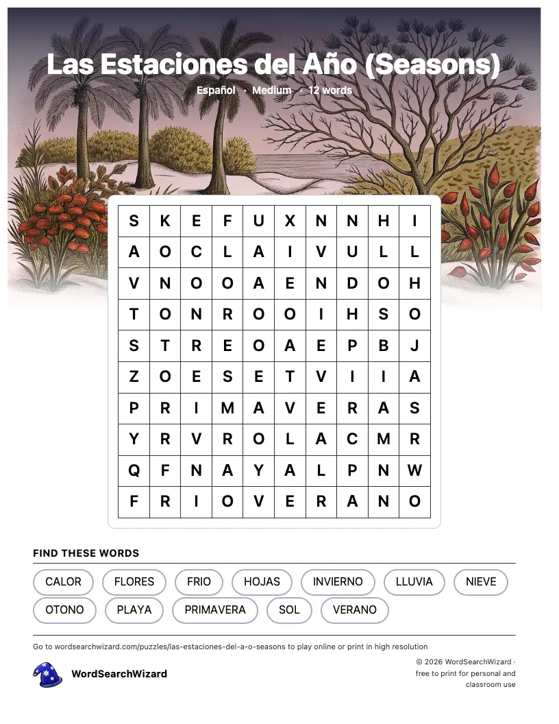 Las Estaciones del Año (Seasons) word search printable sheet, 12 words to find