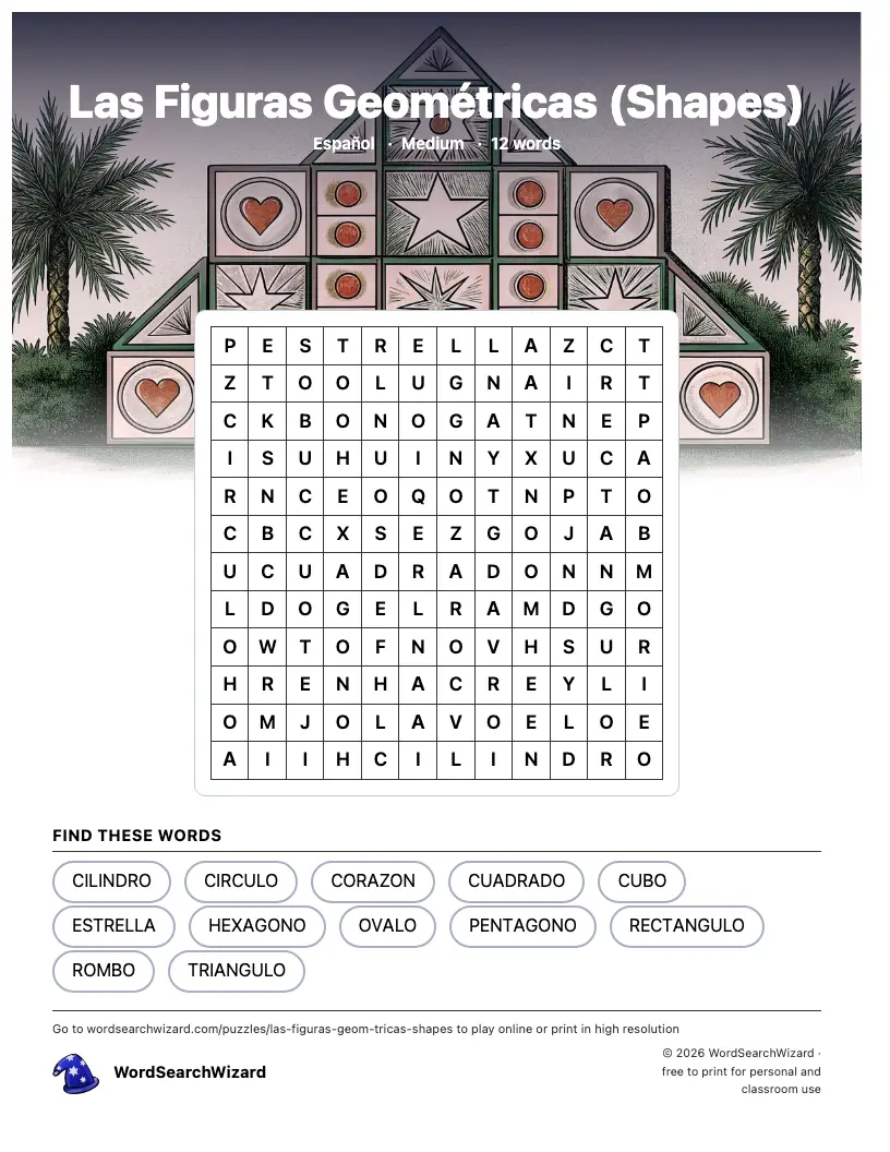 Las Figuras Geométricas (Shapes) word search printable sheet, 12 words to find