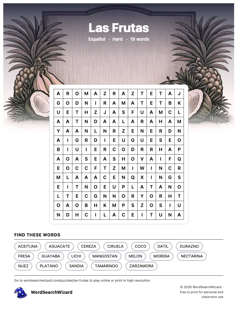 Las Frutas word search printable sheet, 19 words to find