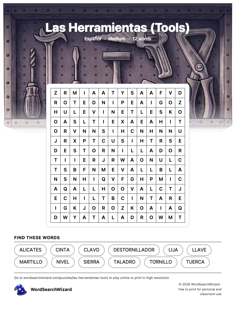 Las Herramientas (Tools) word search printable sheet, 12 words to find