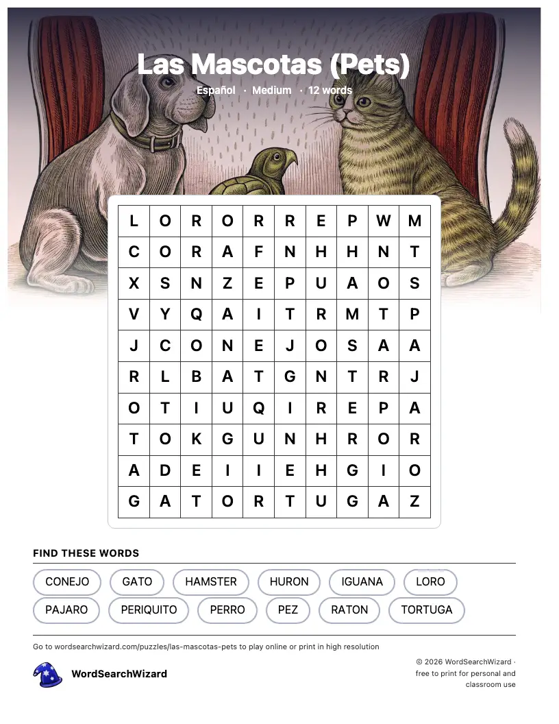 Las Mascotas (Pets) word search printable sheet, 12 words to find