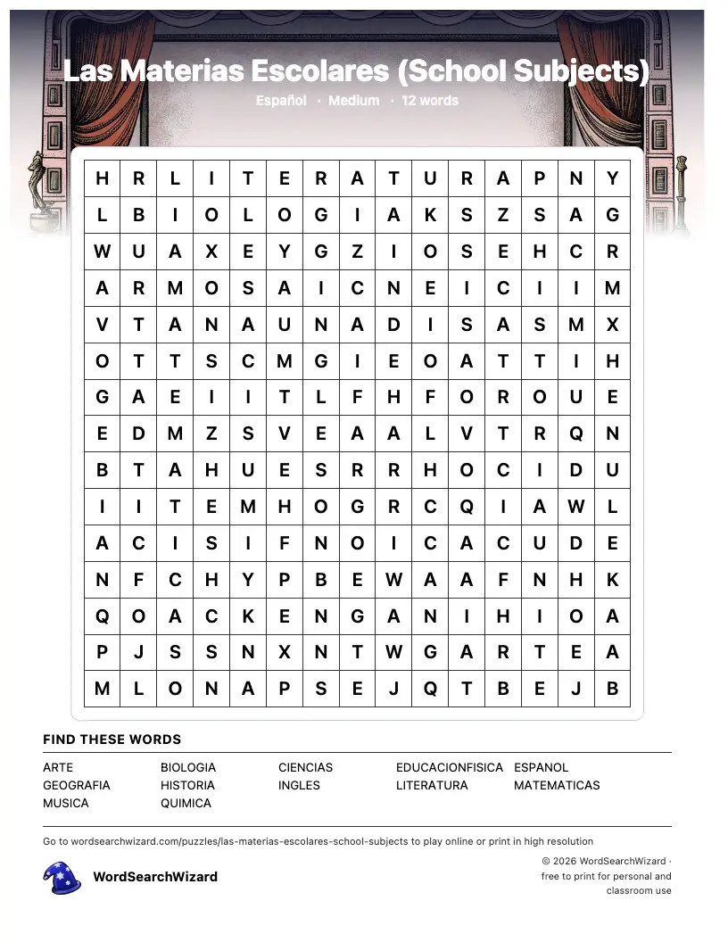 Las Materias Escolares (School Subjects) word search printable sheet, 12 words to find