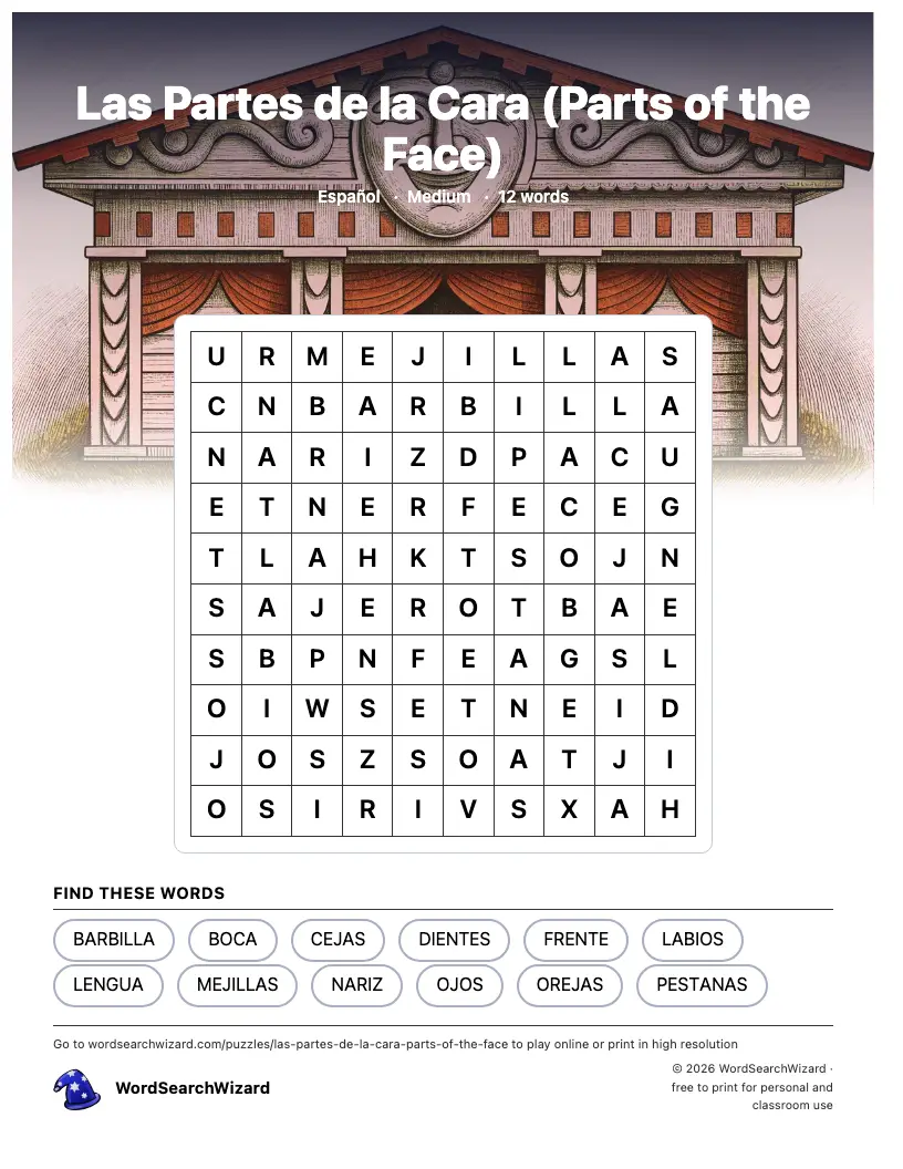 Las Partes de la Cara (Parts of the Face) word search printable sheet, 12 words to find