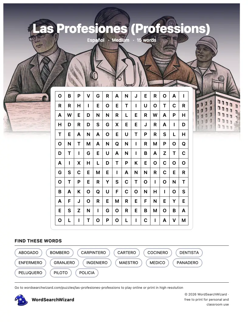 Las Profesiones (Professions) word search printable sheet, 15 words to find