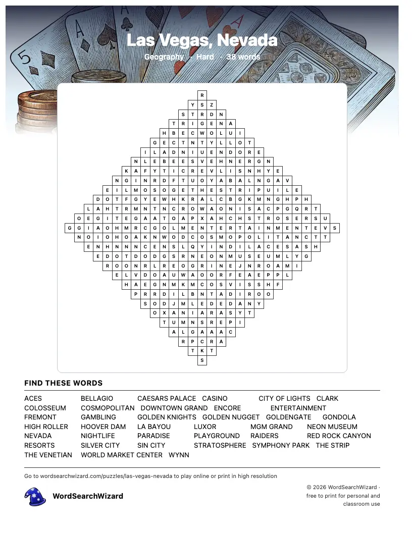 Las Vegas, Nevada word search printable sheet, 38 words to find
