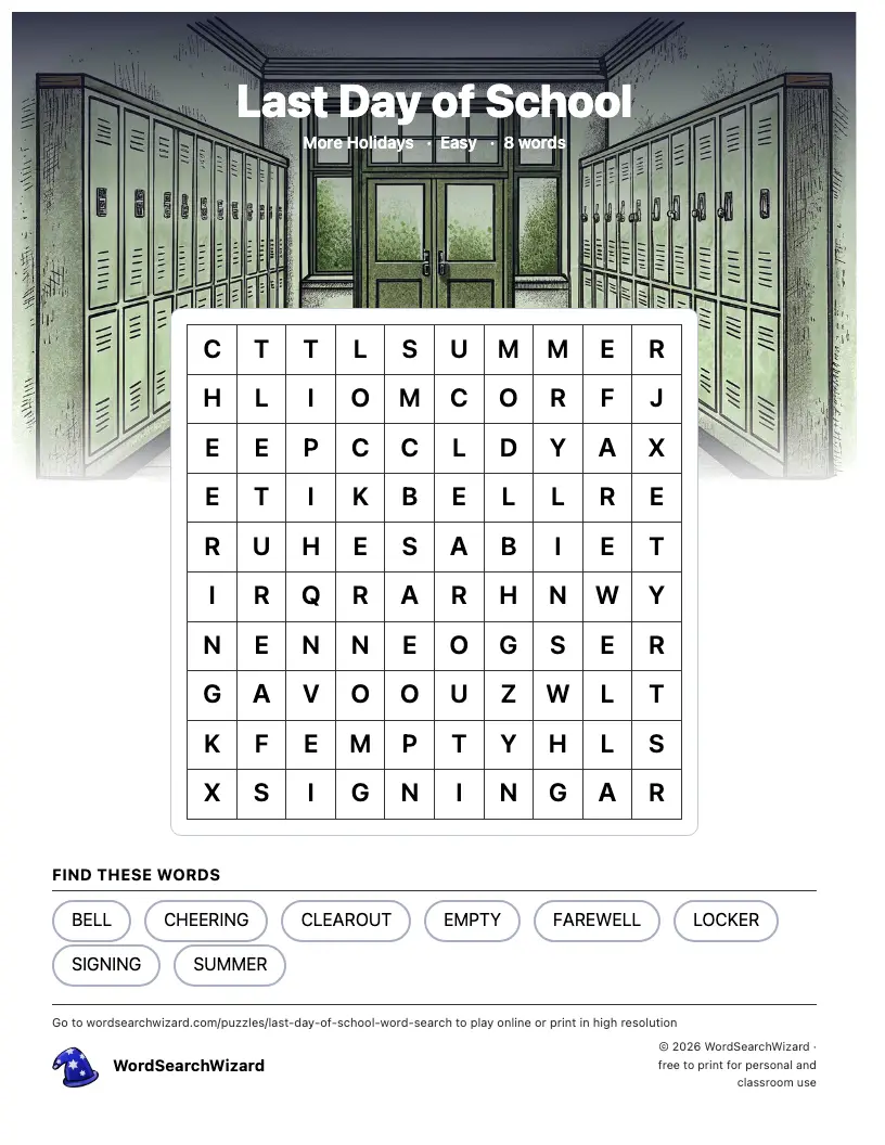 Last Day of School word search printable sheet, 8 words to find