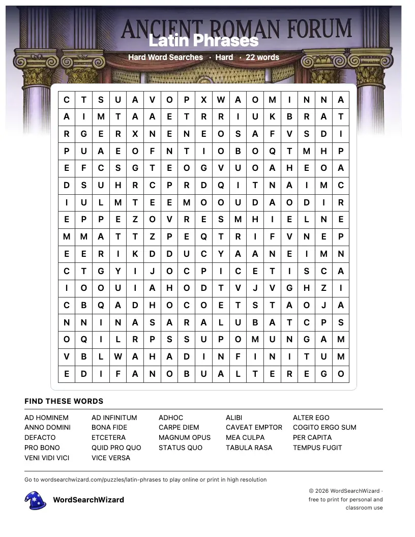 Latin Phrases word search printable sheet, 22 words to find