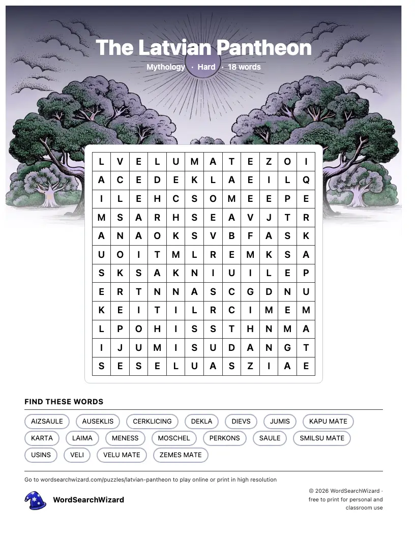 The Latvian Pantheon word search printable sheet, 18 words to find