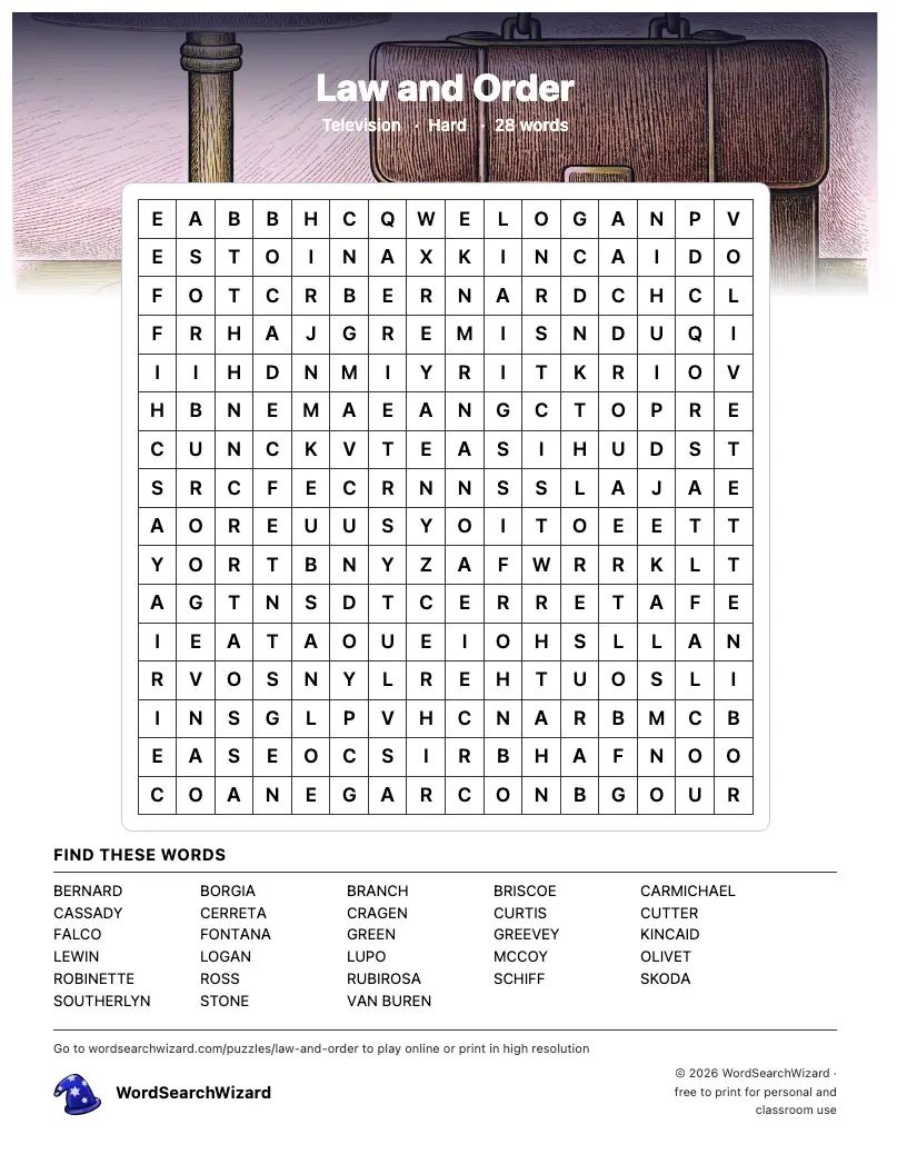 Law and Order word search printable sheet, 28 words to find