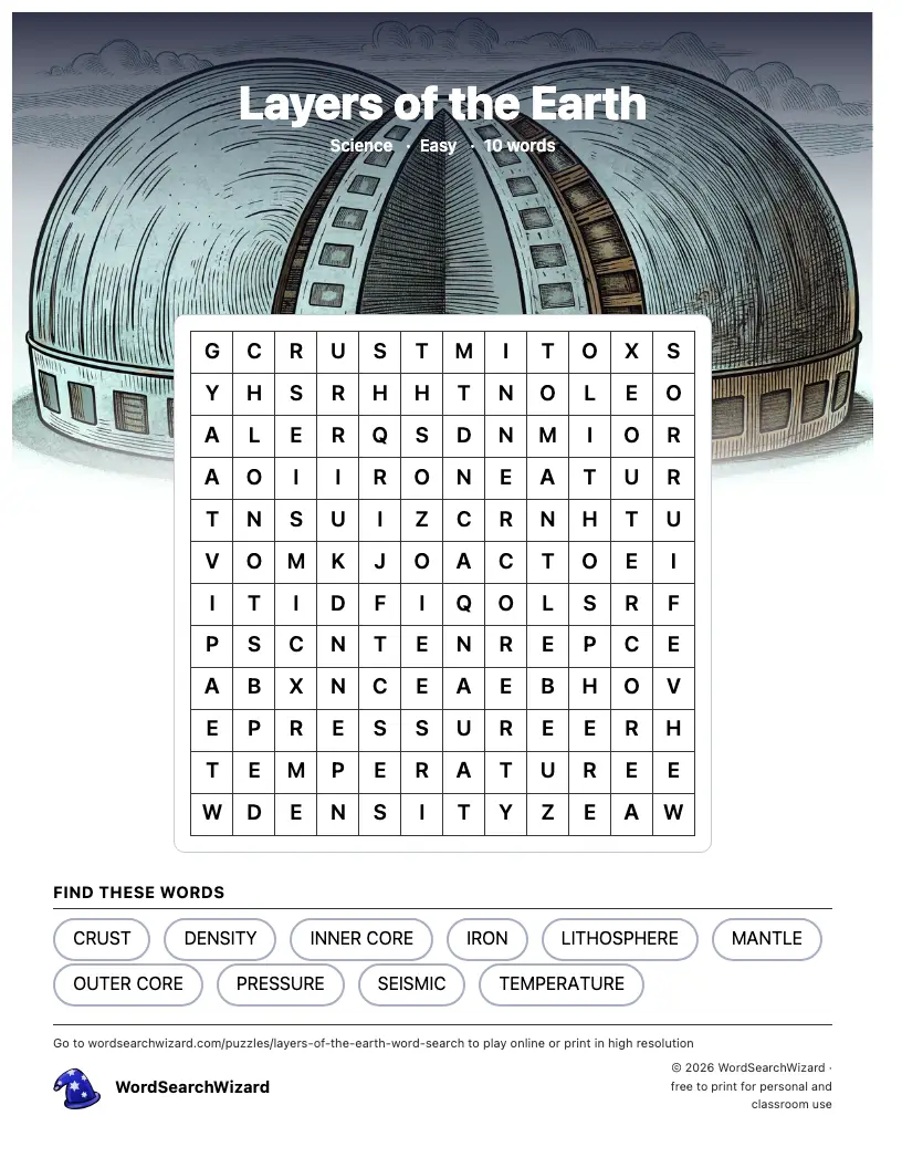 Layers of the Earth word search printable sheet, 10 words to find