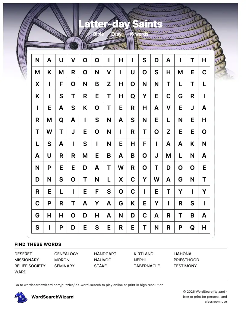 Latter-day Saints word search printable sheet, 16 words to find