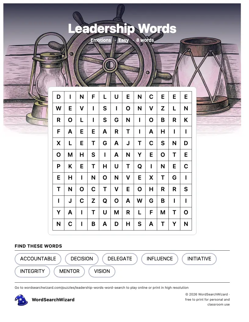 Leadership Words word search printable sheet, 8 words to find