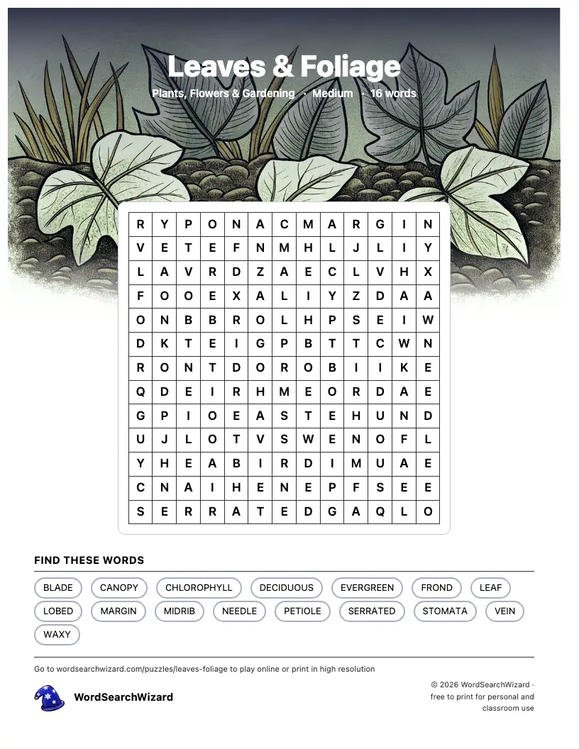 Leaves & Foliage word search printable sheet, 16 words to find