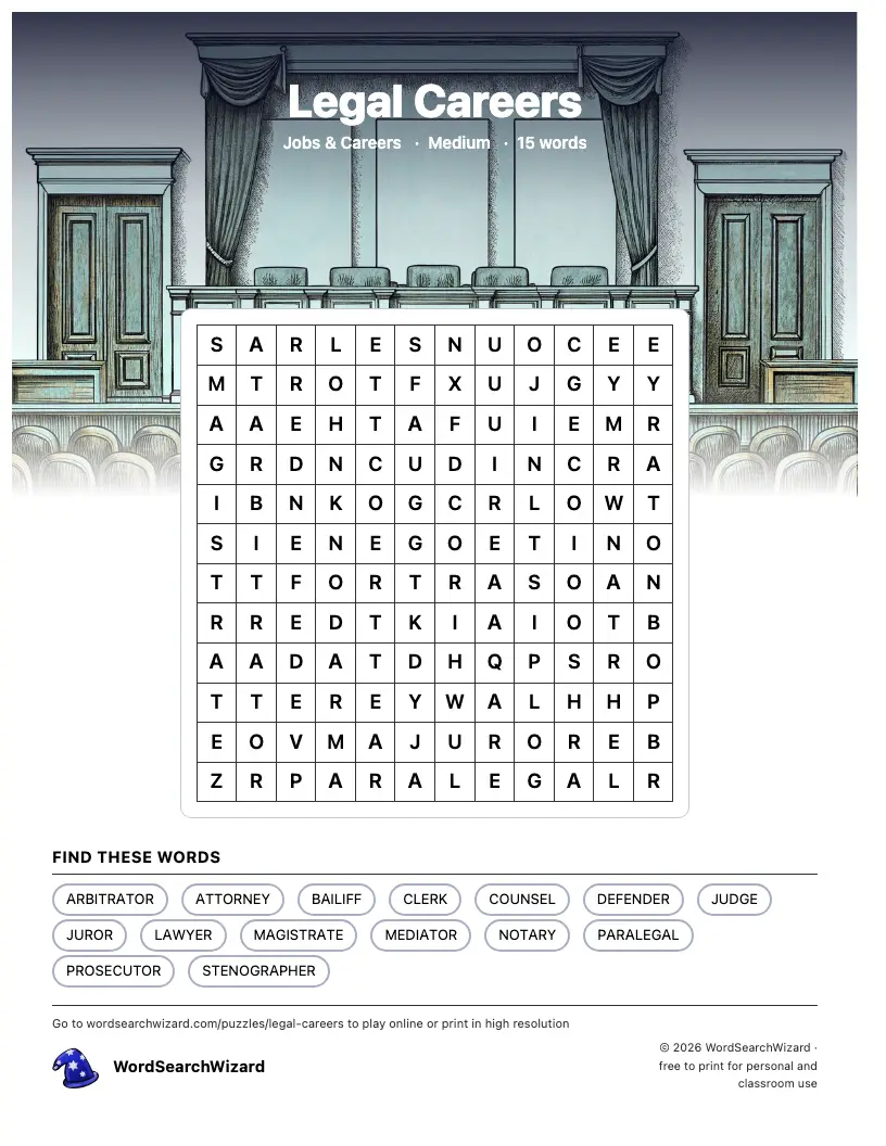 Legal Careers word search printable sheet, 15 words to find