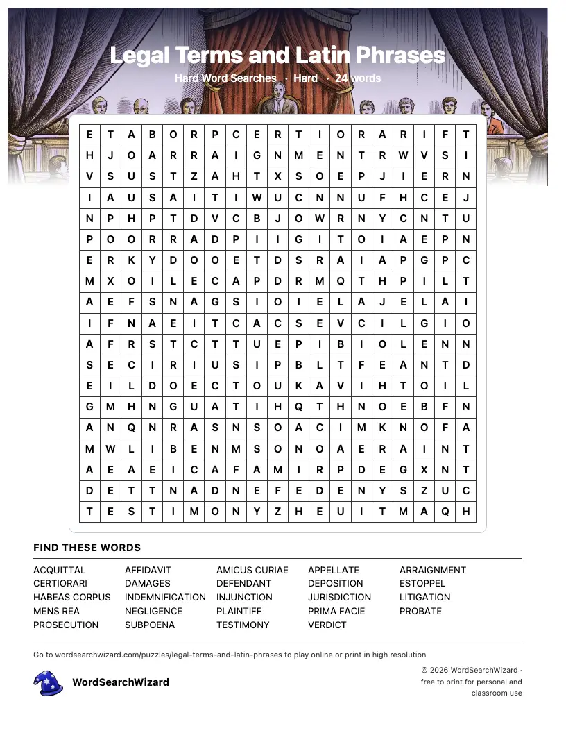 Legal Terms and Latin Phrases word search printable sheet, 24 words to find