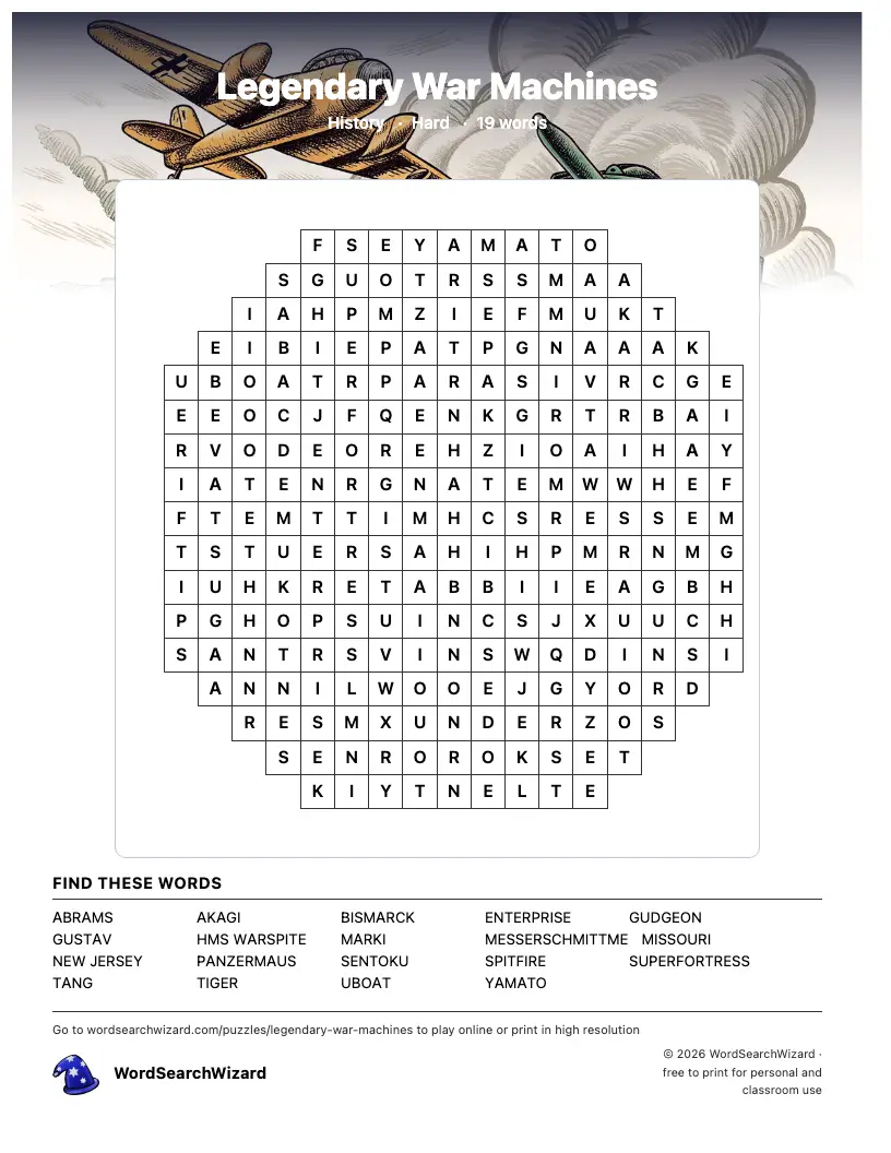 Legendary War Machines word search printable sheet, 19 words to find
