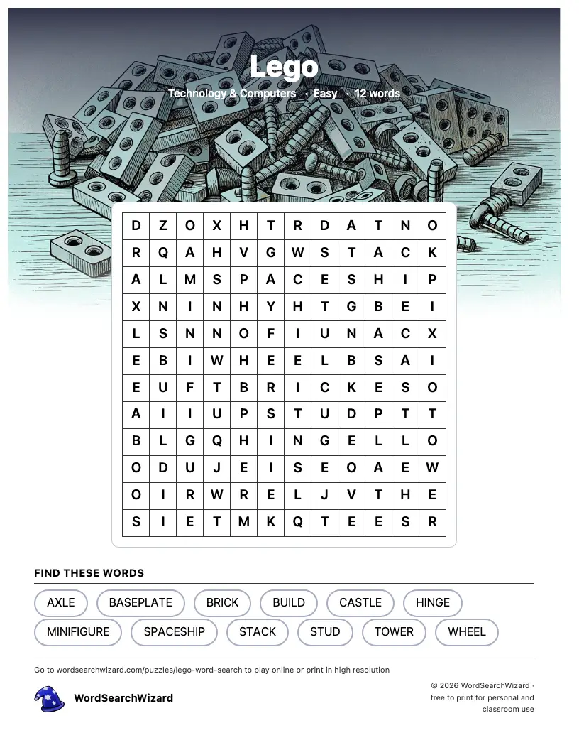 Lego word search printable sheet, 12 words to find