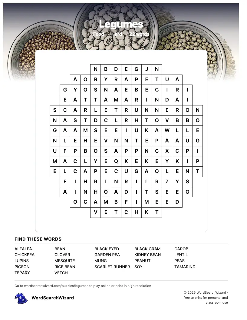 Legumes word search printable sheet, 22 words to find