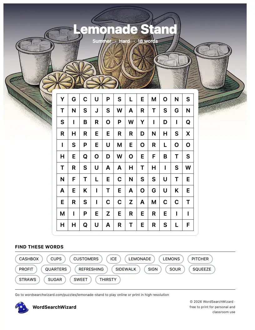 Lemonade Stand word search printable sheet, 18 words to find