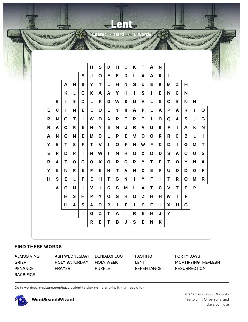 Lent word search printable sheet, 16 words to find
