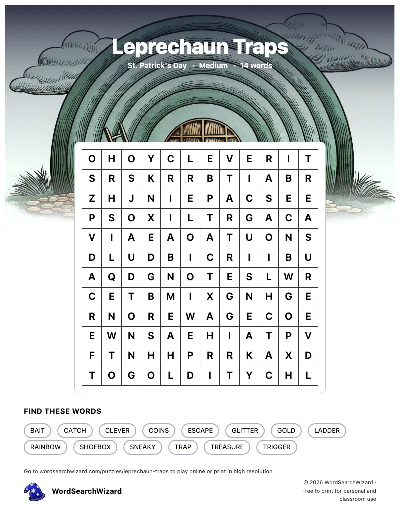 Leprechaun Traps word search printable sheet, 14 words to find