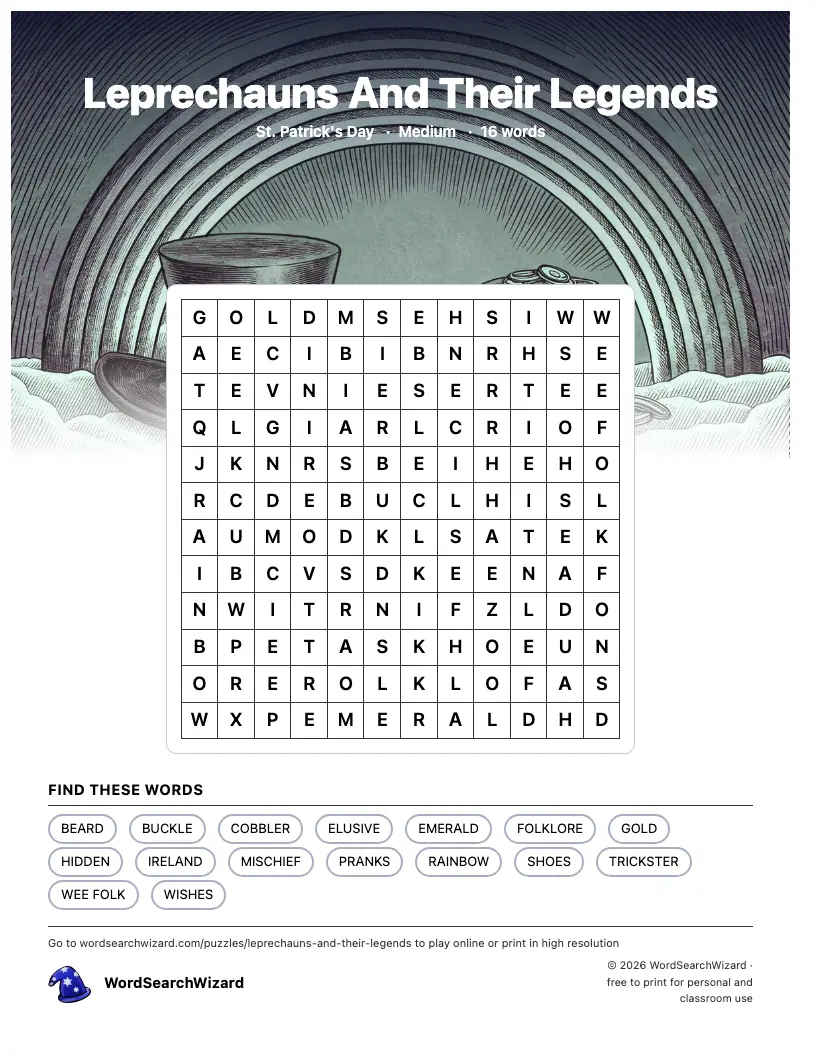 Leprechauns And Their Legends word search printable sheet, 16 words to find