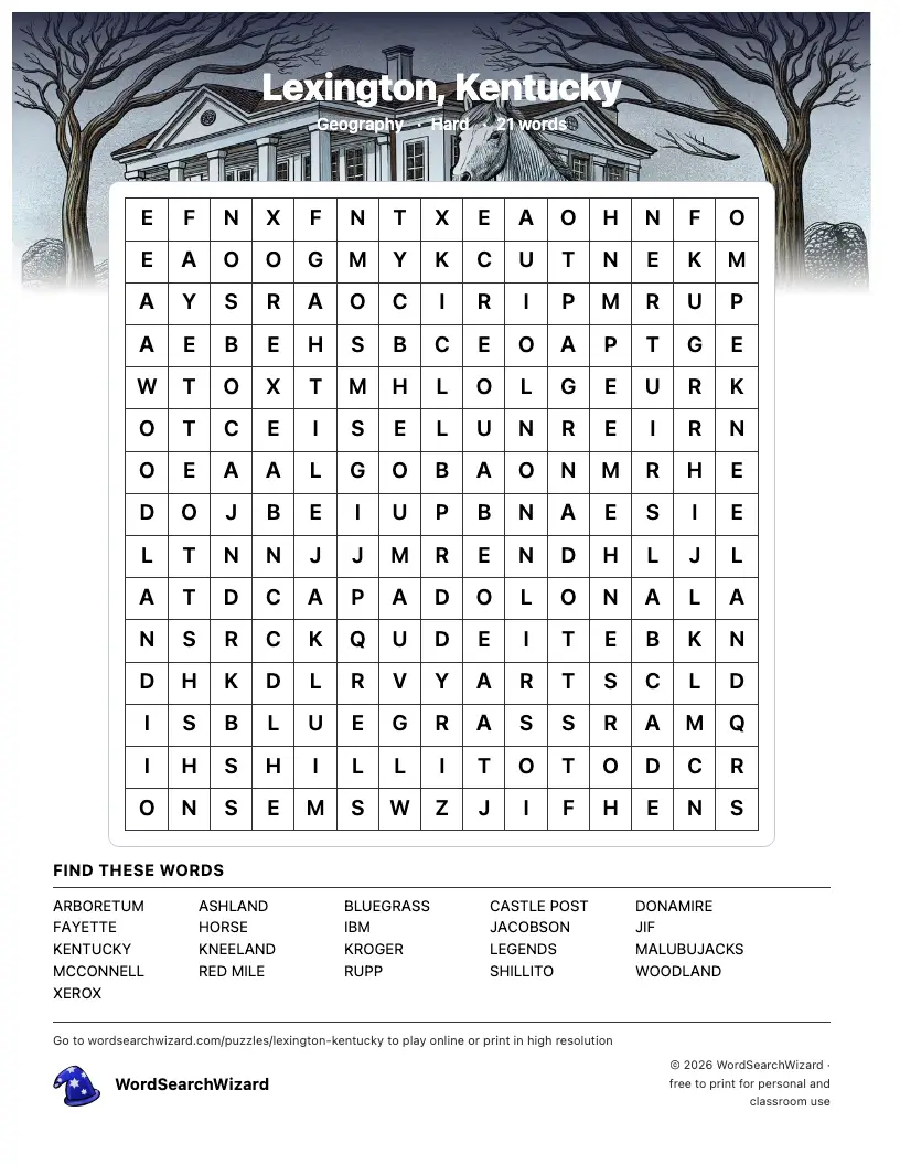 Lexington, Kentucky word search printable sheet, 21 words to find