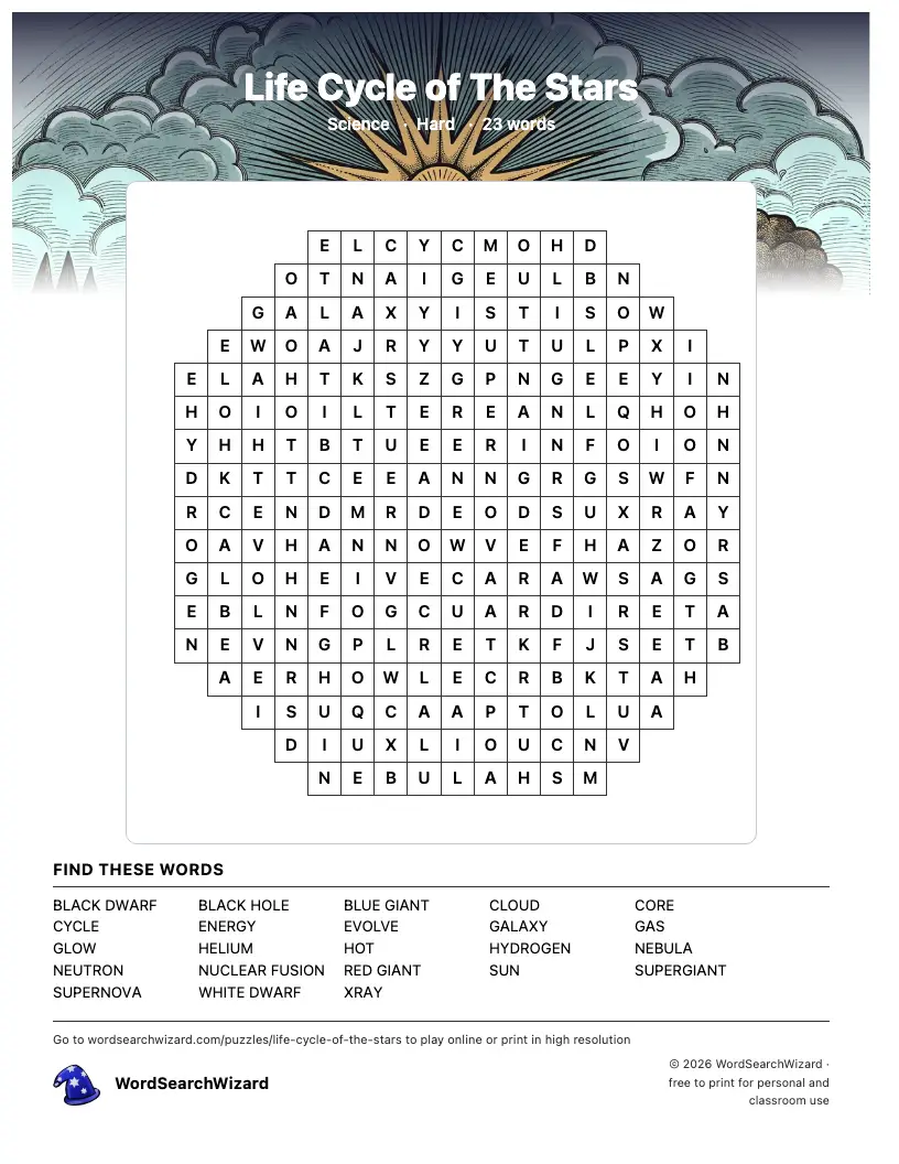 Life Cycle of The Stars word search printable sheet, 23 words to find