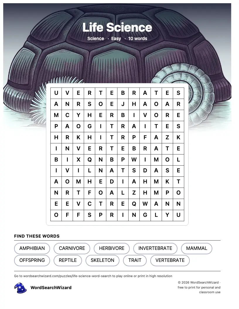 Life Science word search printable sheet, 10 words to find