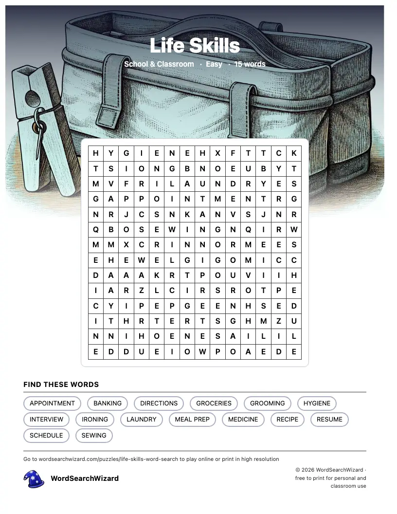 Life Skills word search printable sheet, 15 words to find