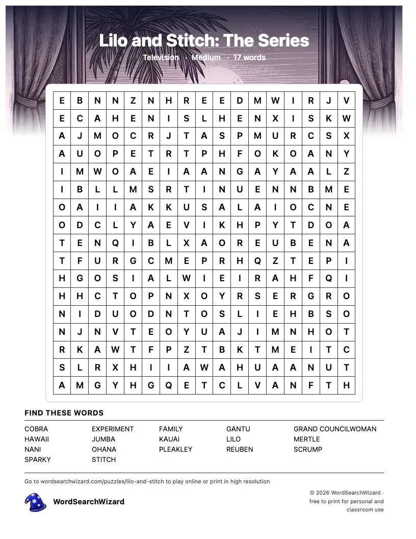 Lilo and Stitch: The Series word search printable sheet, 17 words to find