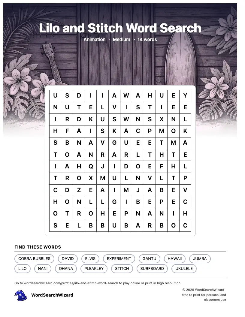Lilo and Stitch word search printable sheet, 14 words to find