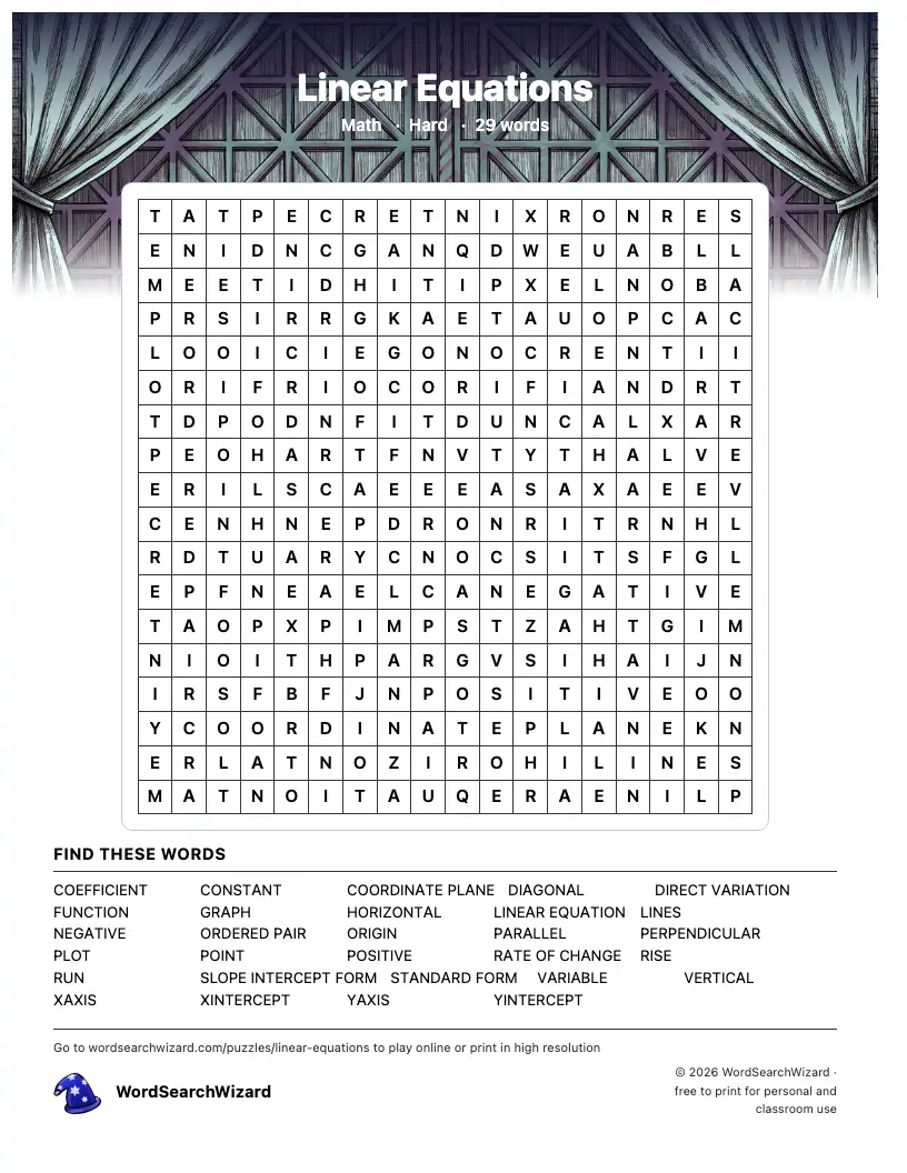Linear Equations word search printable sheet, 29 words to find