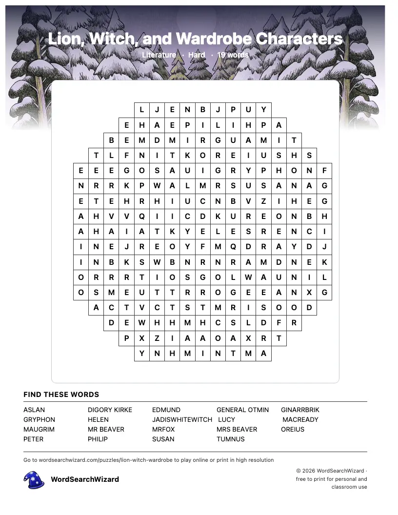 Lion, Witch, and Wardrobe Characters word search printable sheet, 19 words to find