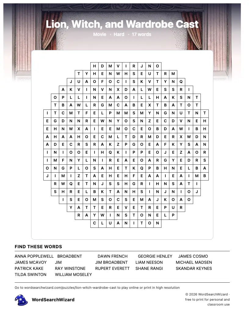 Lion, Witch, and Wardrobe Cast word search printable sheet, 17 words to find